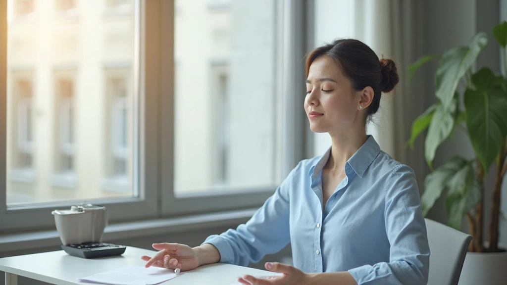 Женщина в спокойной медитативной позе в светлом офисном помещении