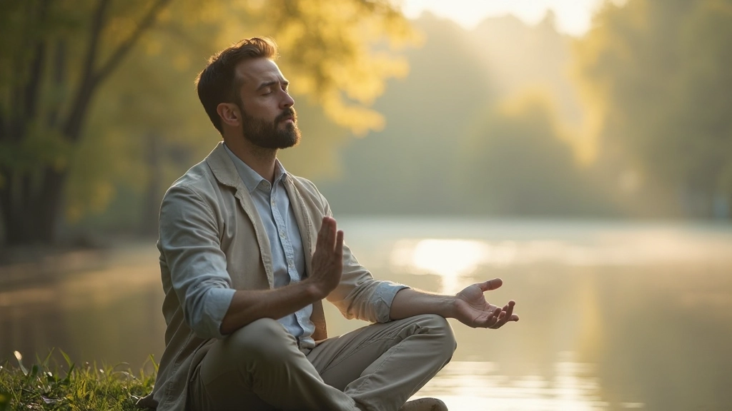 Человек медитирует на открытом воздухе у природного водоема, утренний свет