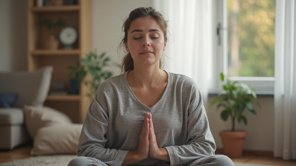 Человек выполняет дыхательное упражнение в спокойной обстановке, сидя в удобной позе, естественное освещение