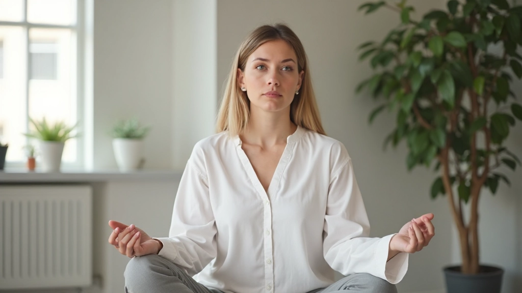 Женщина в спокойной медитативной позе в светлом офисном помещении