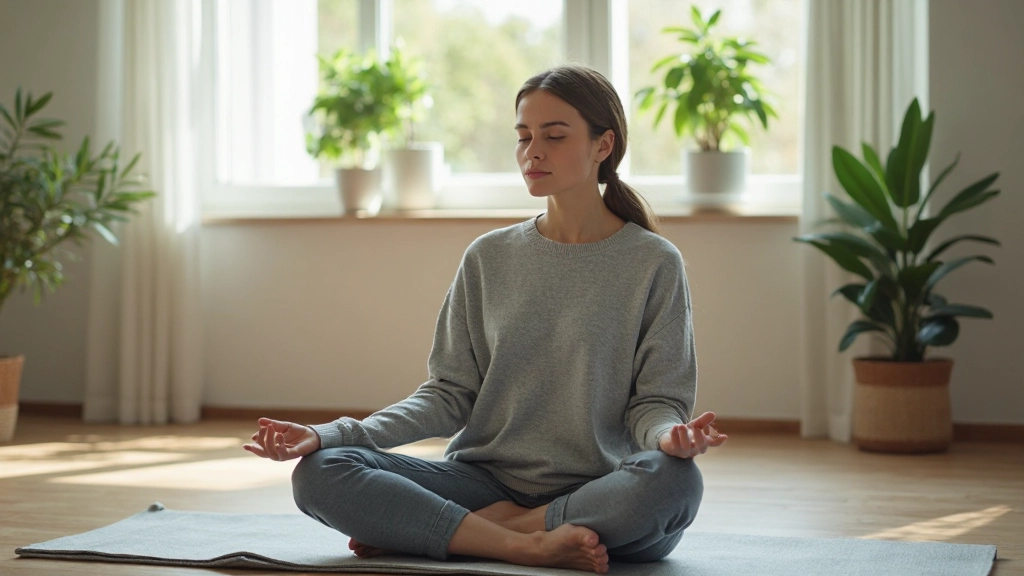 Спокойная женщина практикует медитацию в светлом помещении, сидя в позе лотоса