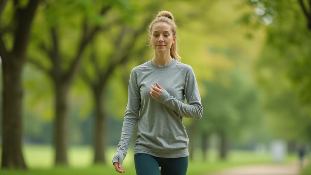 Женщина практикует осознанную ходьбу в парке, полностью сосредоточенная на каждом шаге