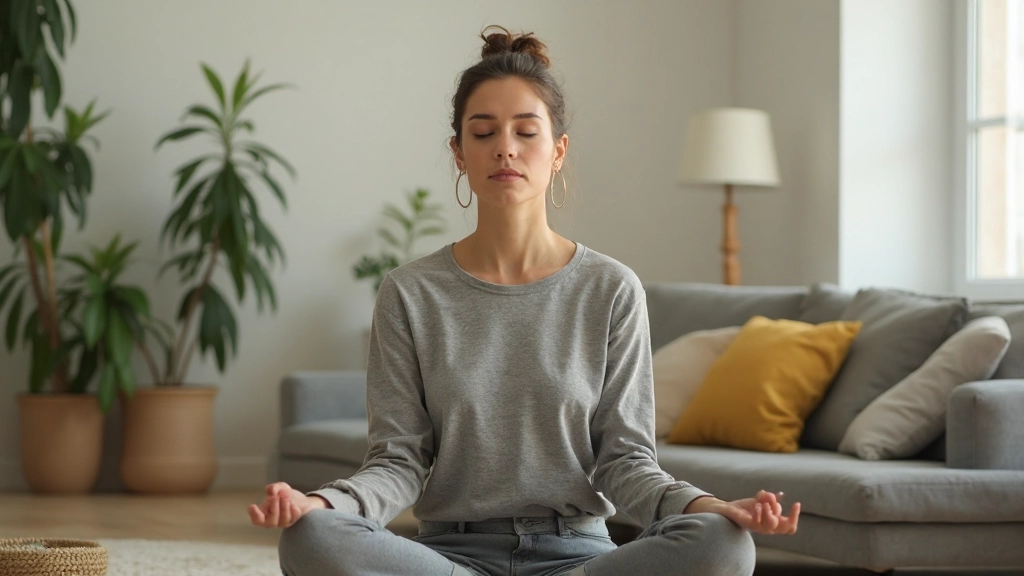 Женщина медитирует дома в спокойной обстановке для снятия стресса