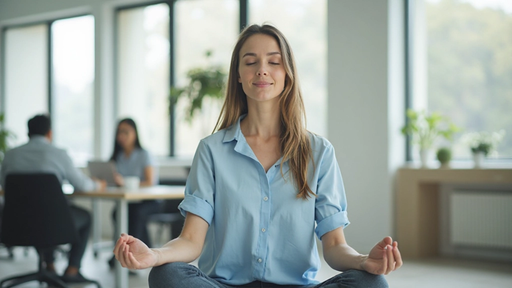 Женщина в спокойной медитативной позе практикует дыхательные упражнения в современном офисе с естественным освещением