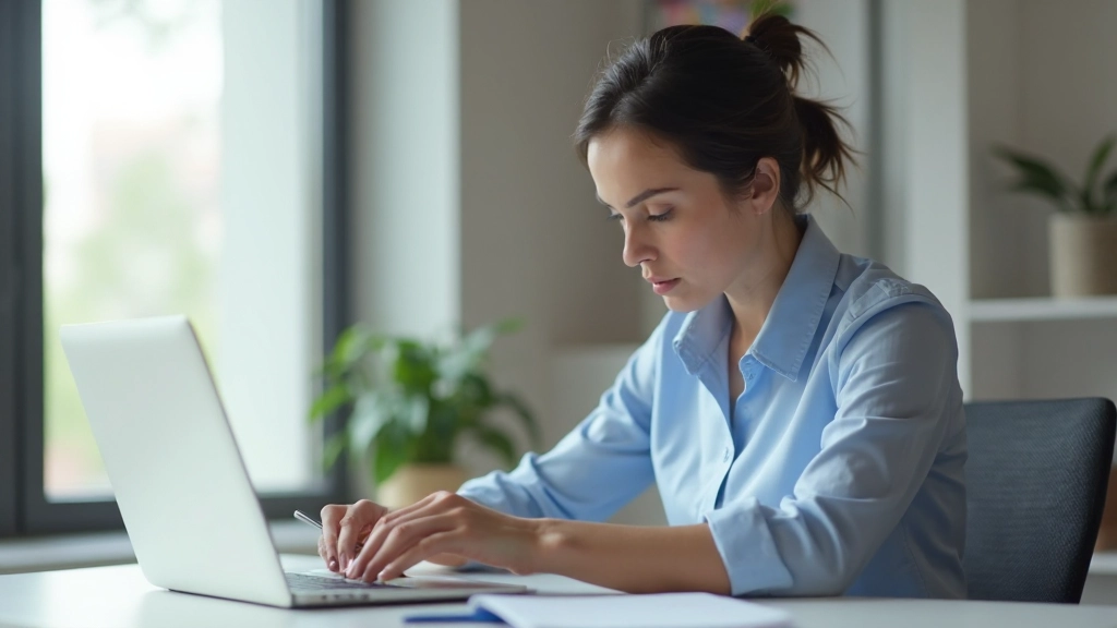 Профессиональная работница сосредоточенно работает за ноутбуком в современном офисе, естественное освещение из окна